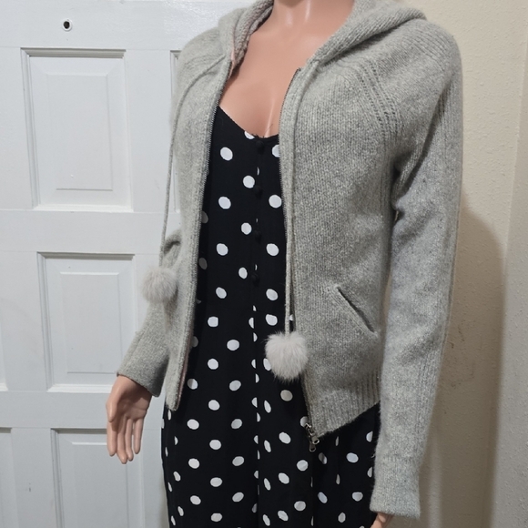 Express Gray Hooded Cardigan with Pom Poms - Picture 1 of 6
